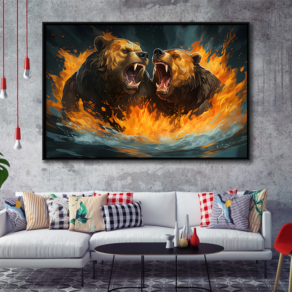 Couple Bear Battle Framed Canvas Prints Wall Art Home Decor, Painting Canvas, Floating Frame