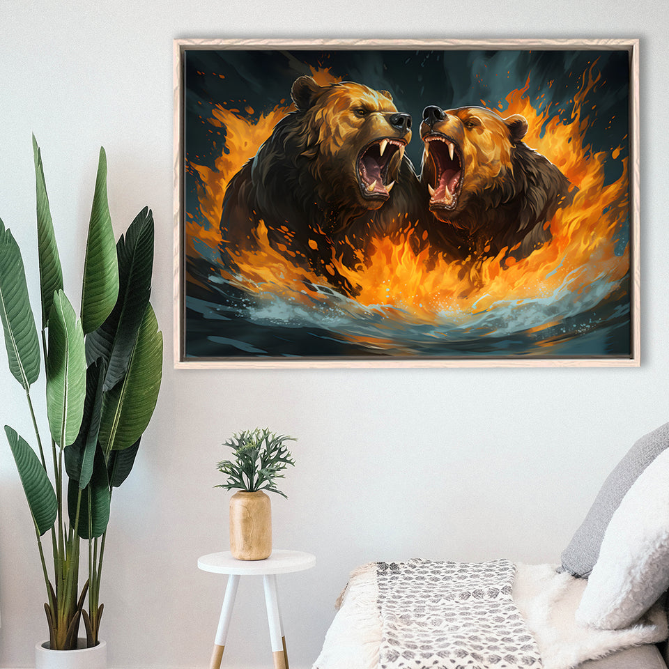 Couple Bear Battle Framed Canvas Prints Wall Art Home Decor, Painting Canvas, Floating Frame