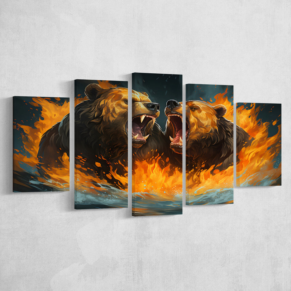 Couple Bear Battle 5 Panels Canvas Prints Wall Art Home Decor, Large Mixed Canvas