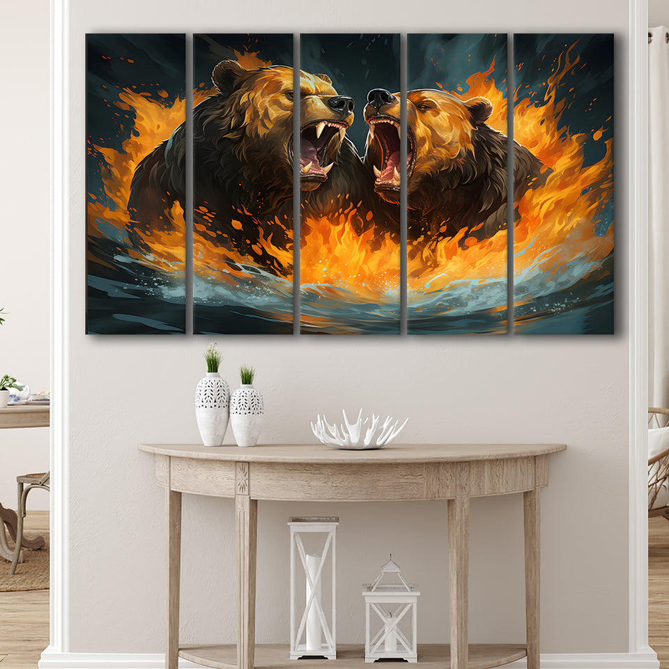 Couple Bear Battle 5 Panels B Canvas Prints Wall Art Home Decor, Extra Large Canvas