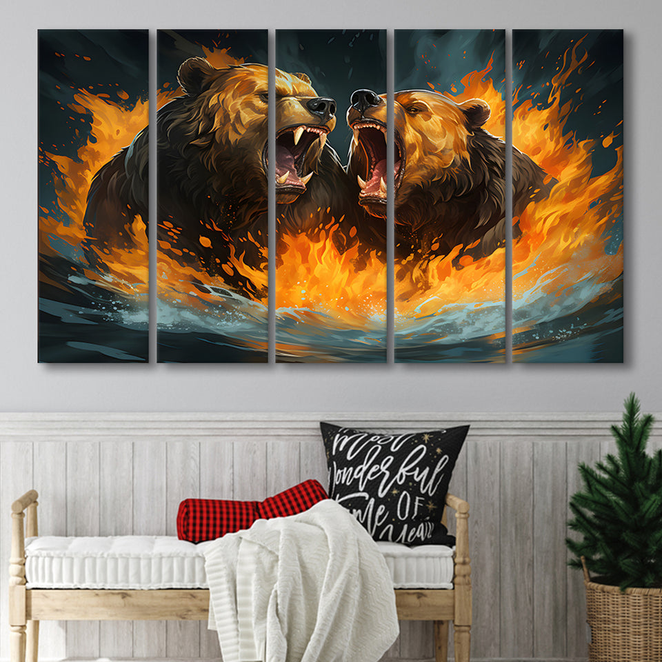 Couple Bear Battle 5 Panels B Canvas Prints Wall Art Home Decor, Extra Large Canvas