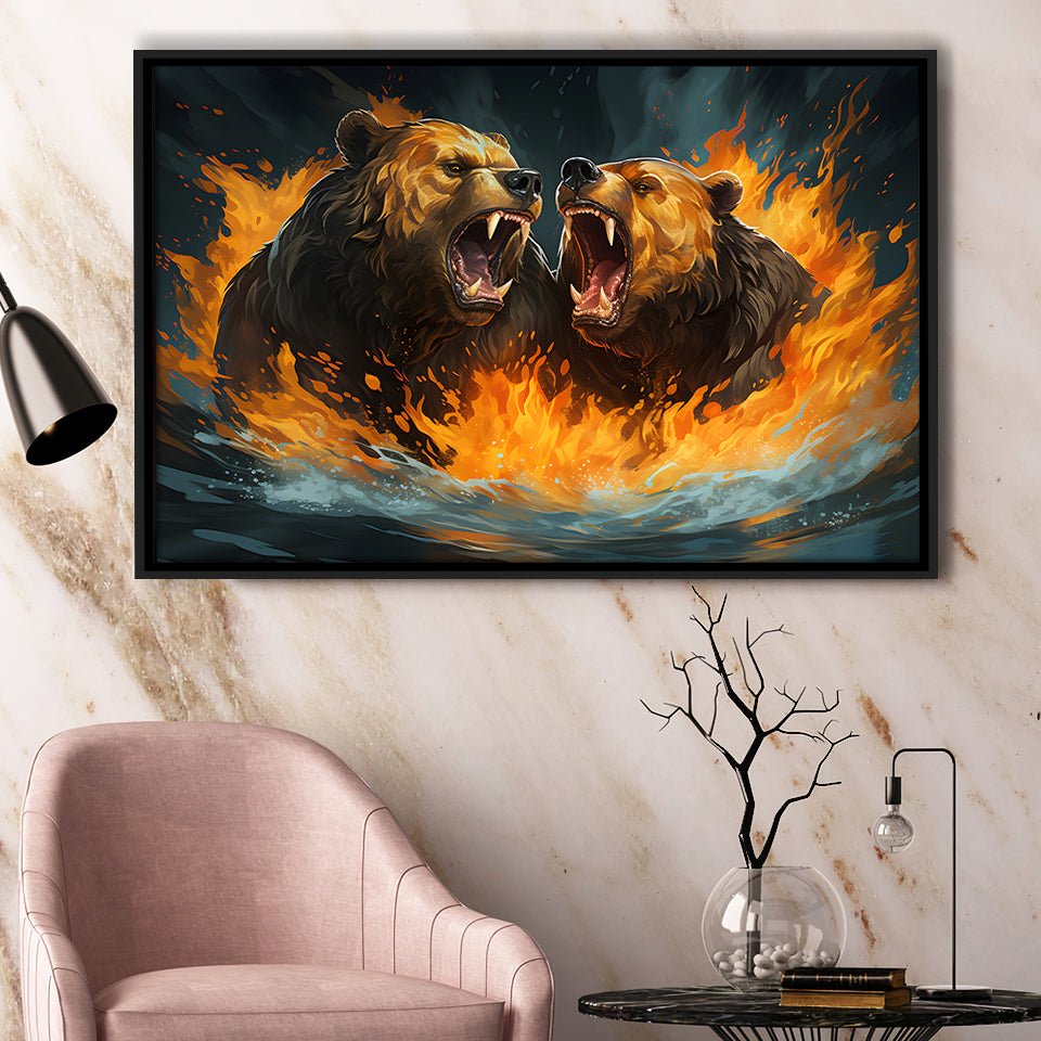 Couple Bear Battle Framed Canvas Prints Wall Art Home Decor, Painting Canvas, Floating Frame