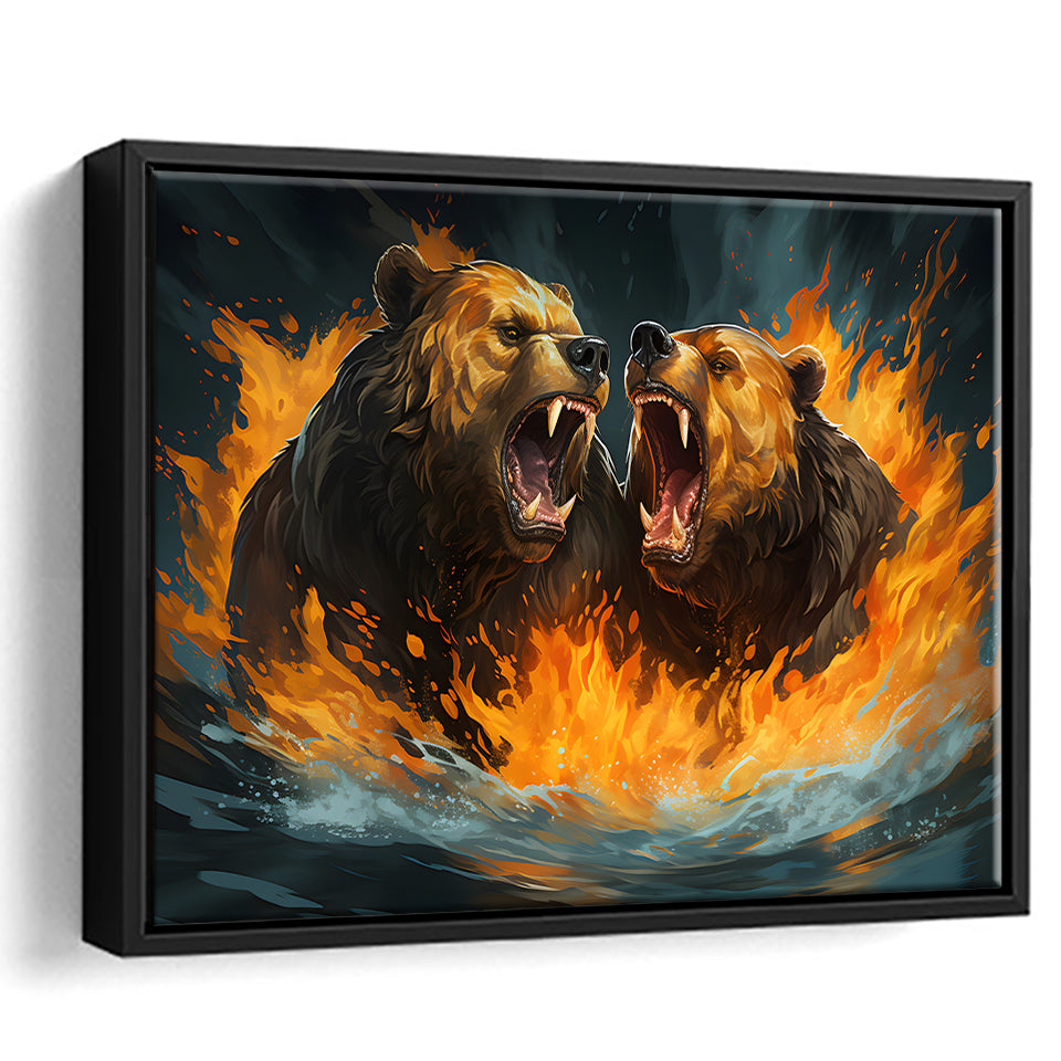 Couple Bear Battle Framed Canvas Prints Wall Art Home Decor, Painting Canvas, Floating Frame