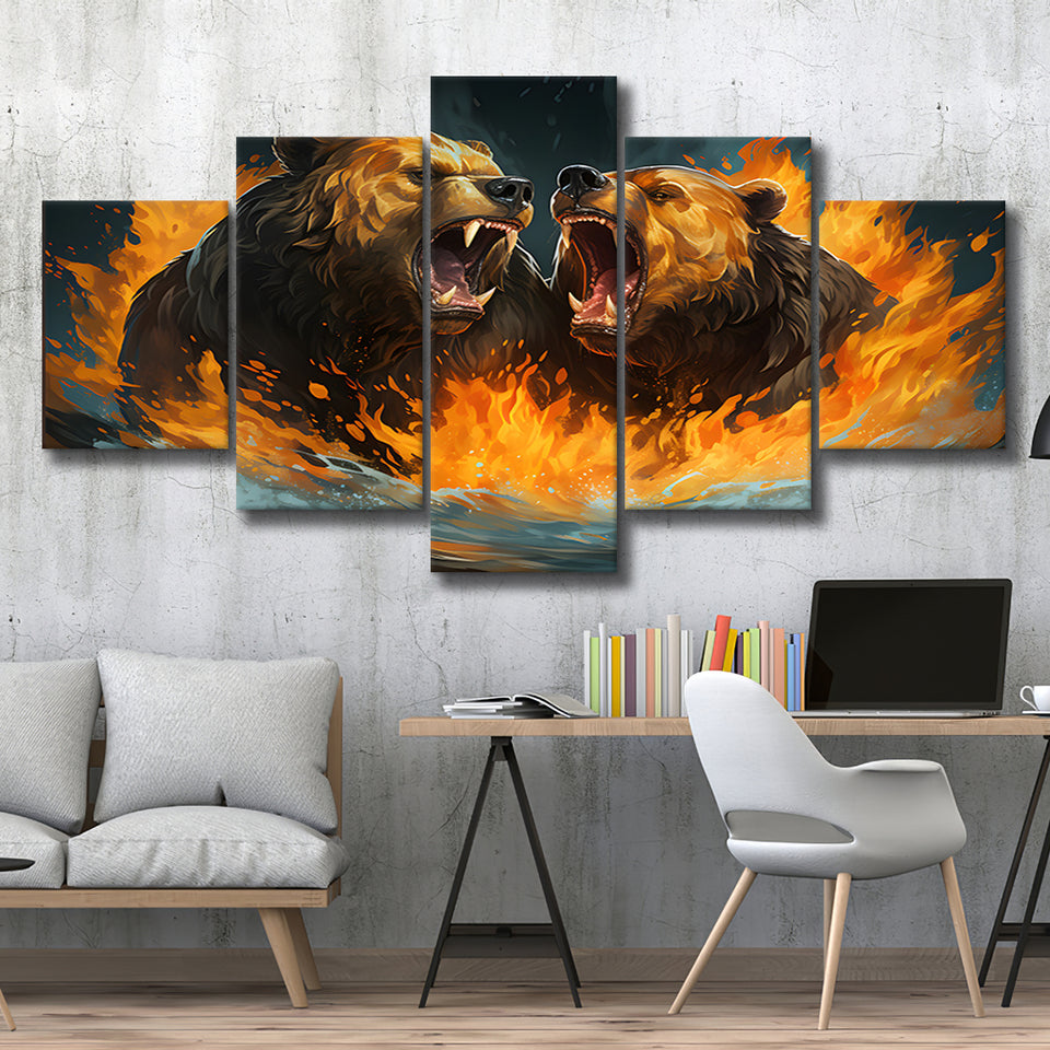 Couple Bear Battle 5 Panels Canvas Prints Wall Art Home Decor, Large Mixed Canvas