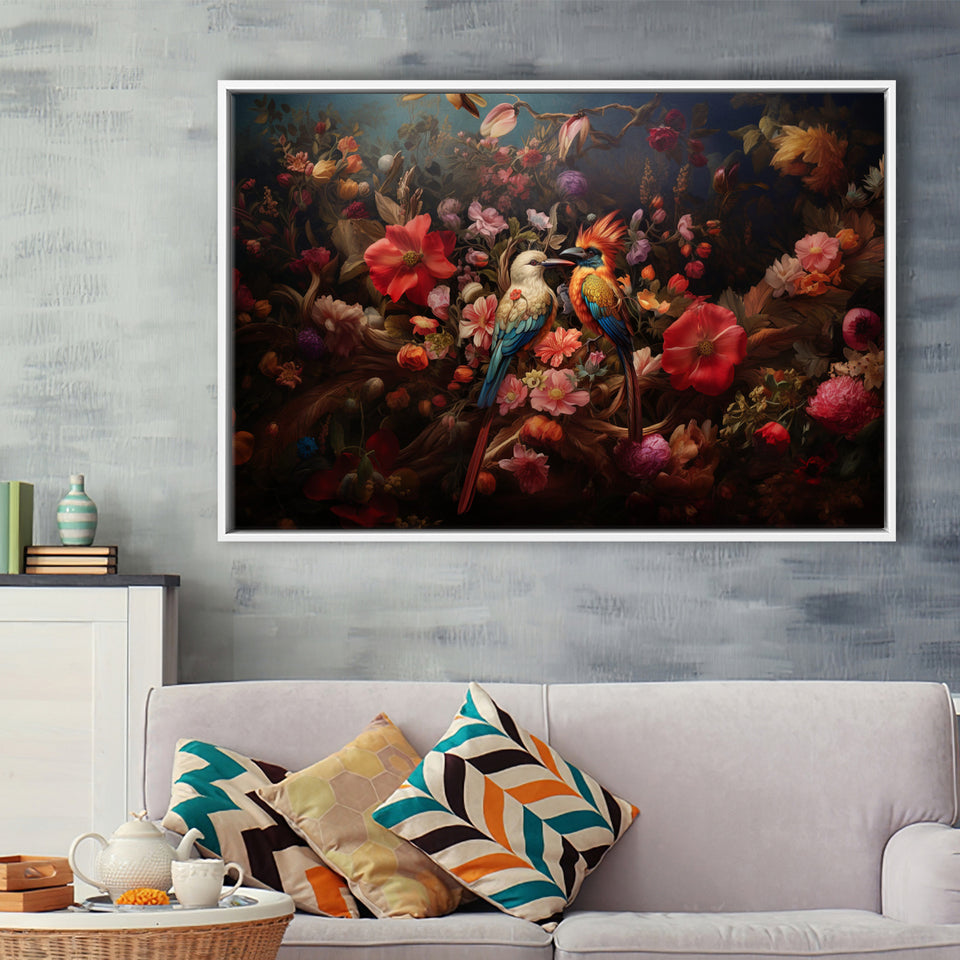 Couple Bird And Flower Framed Canvas Prints Wall Art, Floating Frame, Large Canvas Home Decor