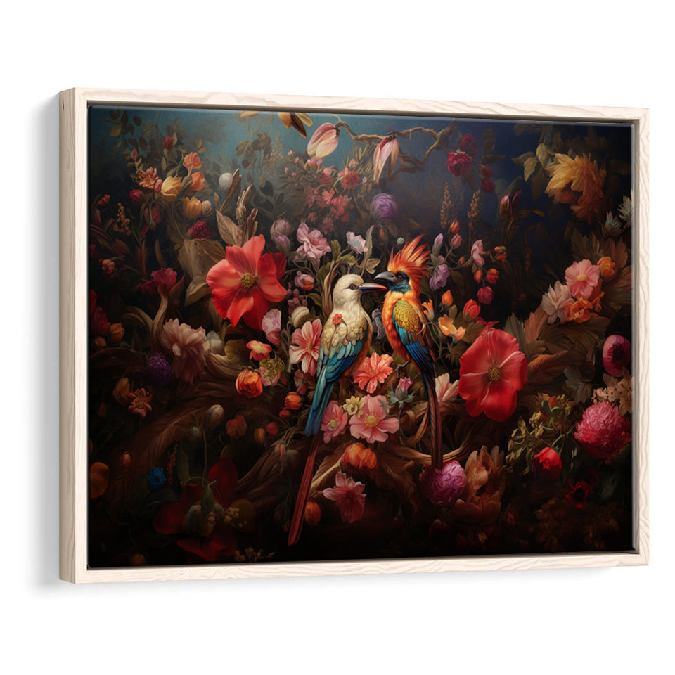 Couple Bird And Flower Framed Canvas Prints Wall Art, Floating Frame, Large Canvas Home Decor