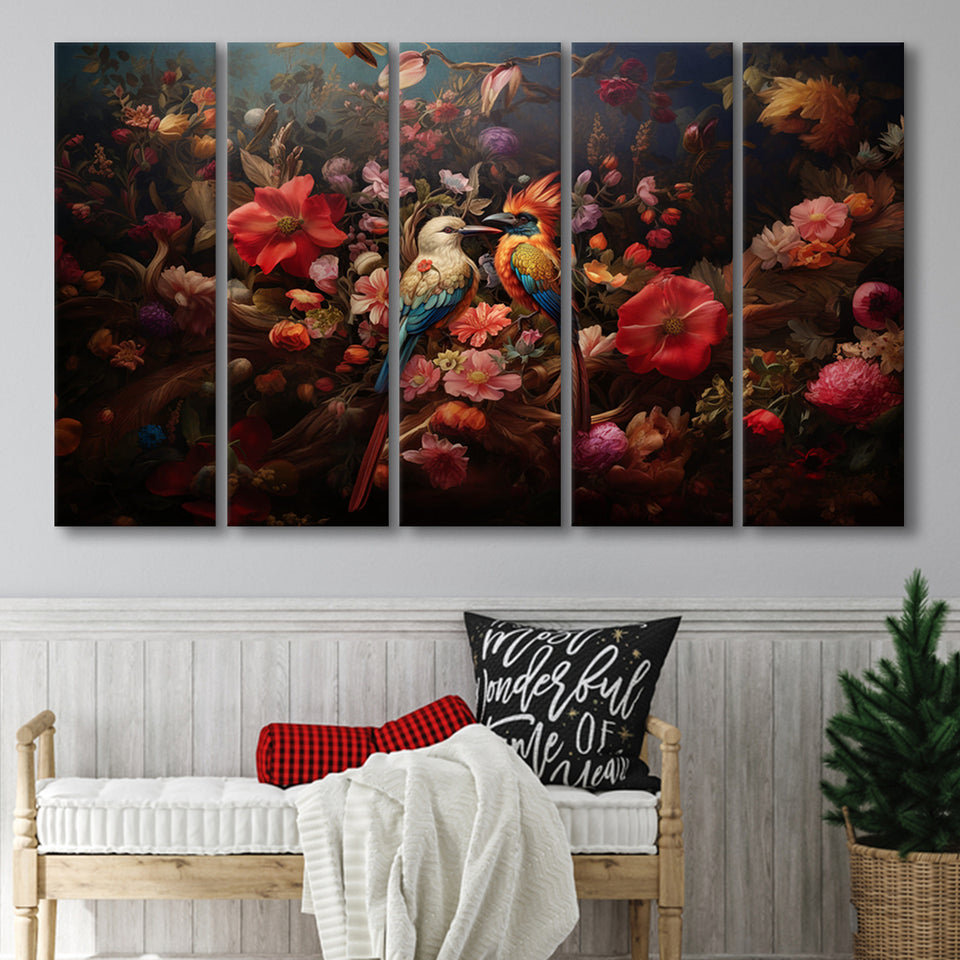 Couple Bird And Flower, 5 Panel B Canvas Prints Wall Art, Extra Large Canvas Decor