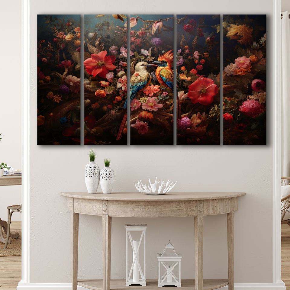 Couple Bird And Flower, 5 Panel B Canvas Prints Wall Art, Extra Large Canvas Decor