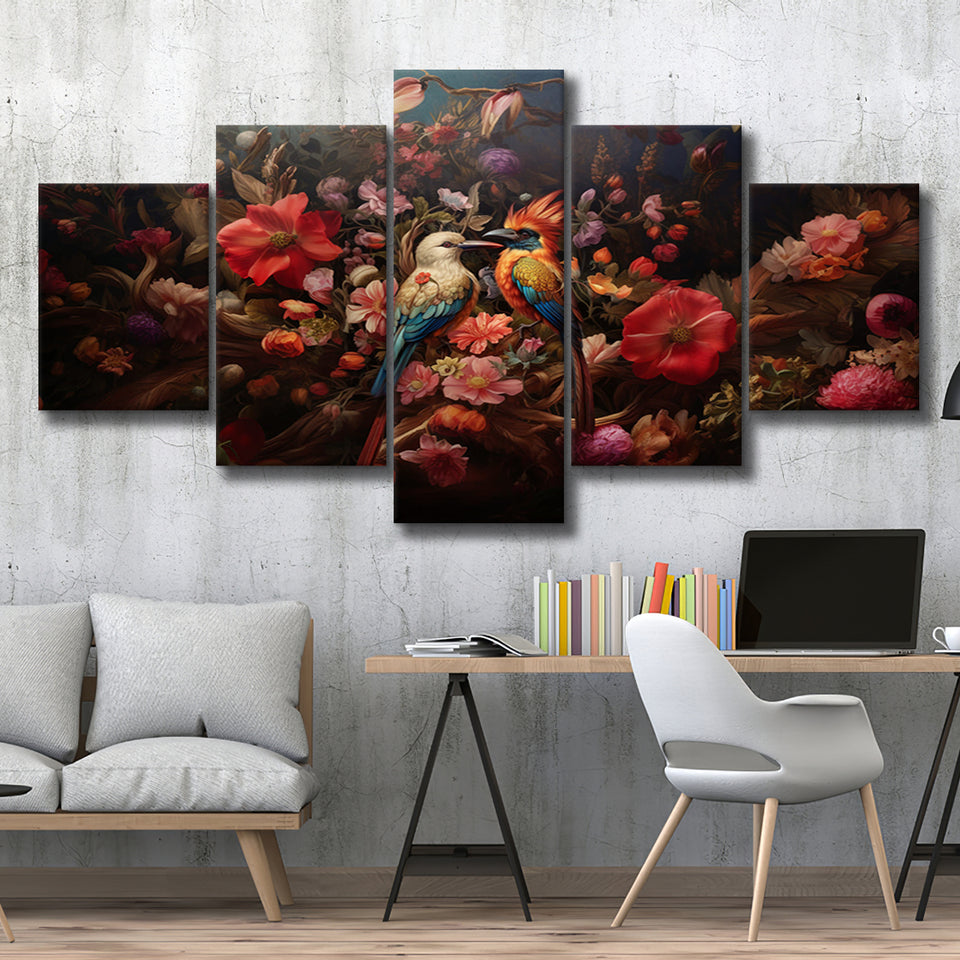 Couple Bird And Flower, 5 Panel Canvas Prints Wall Art,Mixed Canvas, Large Canvas