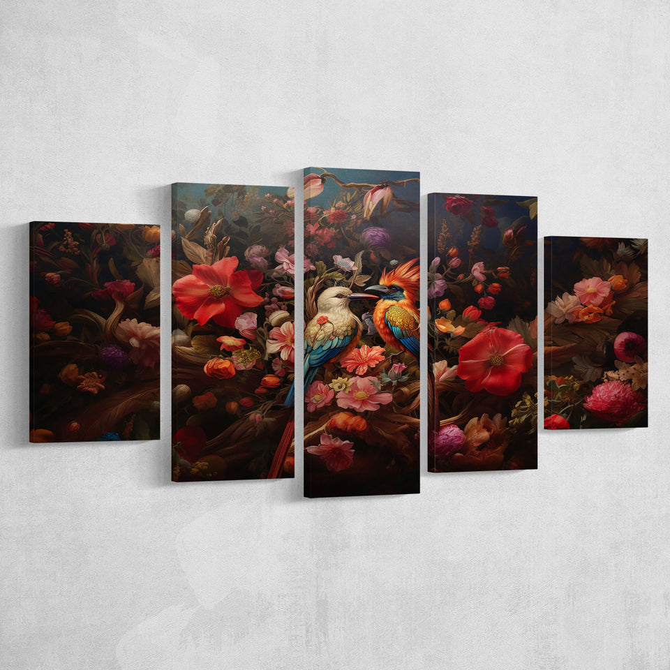 Couple Bird And Flower, 5 Panel Canvas Prints Wall Art,Mixed Canvas, Large Canvas