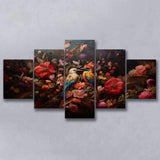 Couple Bird And Flower, 5 Panel Canvas Prints Wall Art,Mixed Canvas, Large Canvas