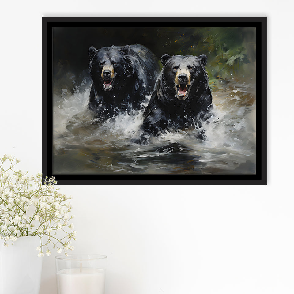 Couple Black Bear Framed Canvas Prints Wall Art Home Decor, Painting Canvas, Floating Frame