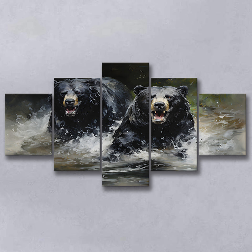 Couple Black Bear 5 Panels Canvas Prints Wall Art Home Decor, Large Mixed Canvas