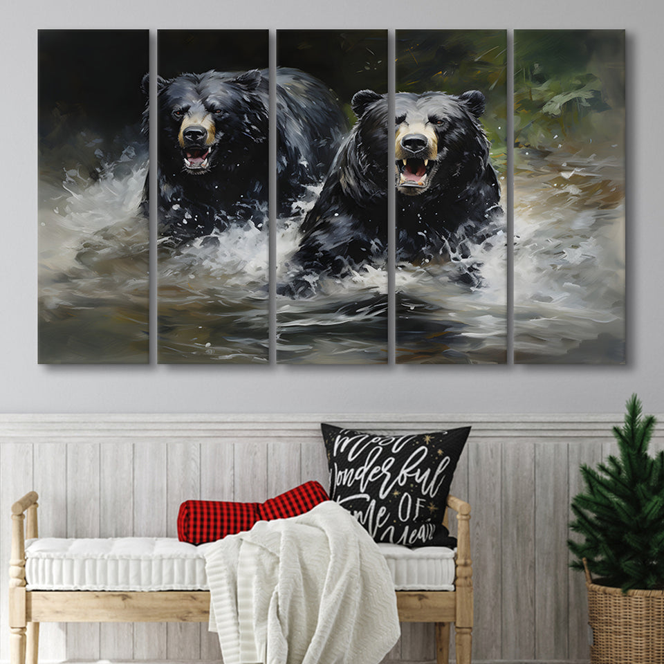 Couple Black Bear 5 Panels B Canvas Prints Wall Art Home Decor, Extra Large Canvas