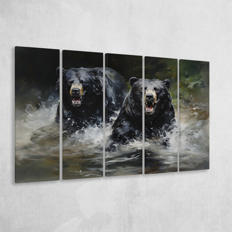 Couple Black Bear 5 Panels B Canvas Prints Wall Art Home Decor, Extra Large Canvas