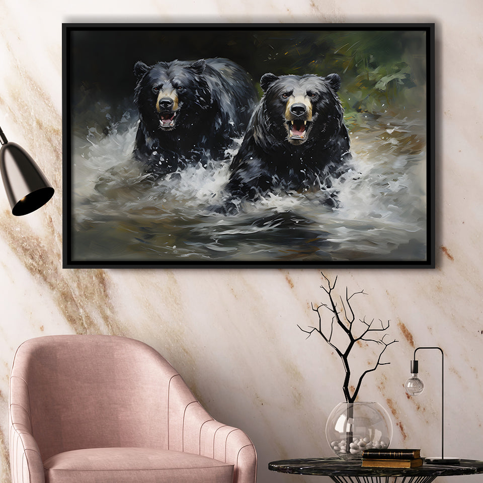 Couple Black Bear Framed Canvas Prints Wall Art Home Decor, Painting Canvas, Floating Frame