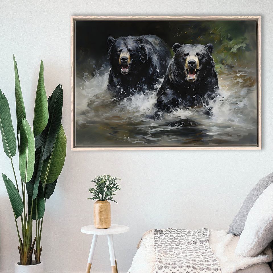 Couple Black Bear Framed Canvas Prints Wall Art Home Decor, Painting Canvas, Floating Frame