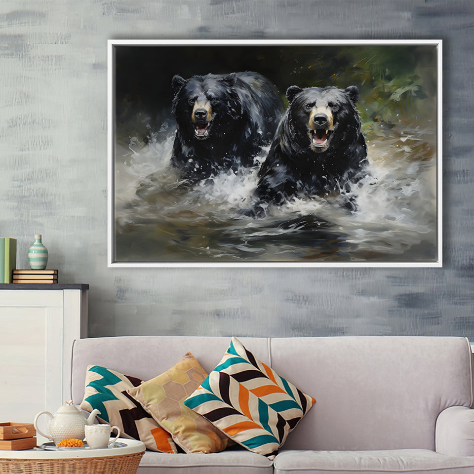 Couple Black Bear Framed Canvas Prints Wall Art Home Decor, Painting Canvas, Floating Frame
