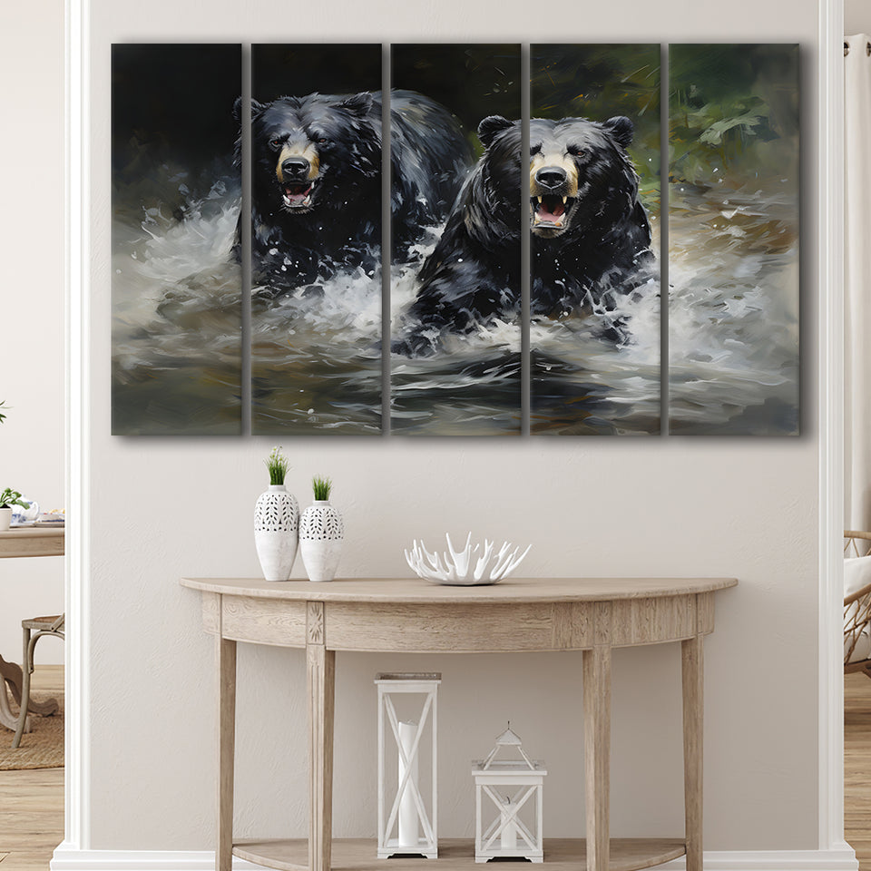 Couple Black Bear 5 Panels B Canvas Prints Wall Art Home Decor, Extra Large Canvas
