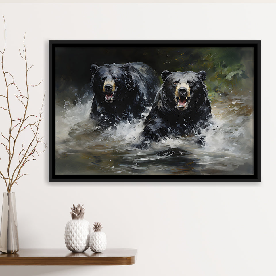 Couple Black Bear Framed Canvas Prints Wall Art Home Decor, Painting Canvas, Floating Frame