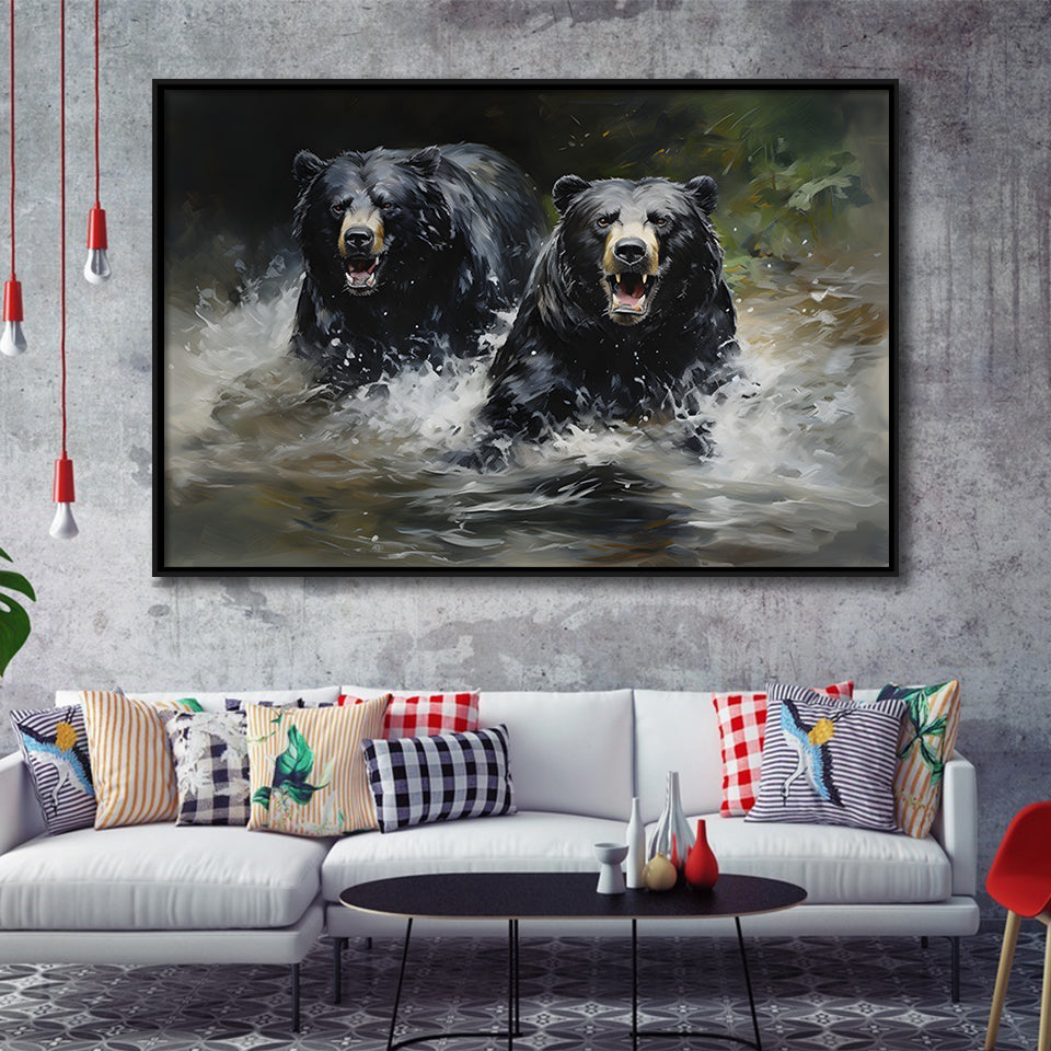 Couple Black Bear Framed Canvas Prints Wall Art Home Decor, Painting Canvas, Floating Frame