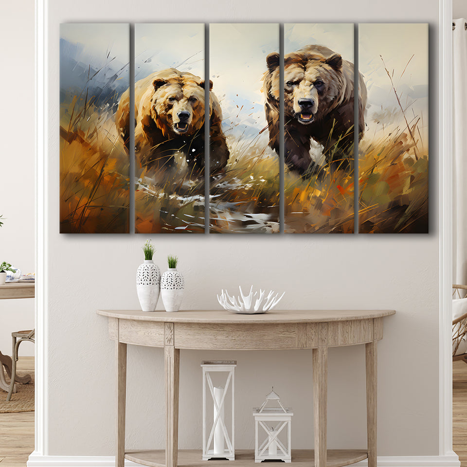 Couple Brown Bear Hunting 5 Panels B Canvas Prints Wall Art Home Decor, Extra Large Canvas