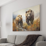 Couple Brown Bear Hunting Canvas Prints Wall Art Home Decor, Painting Canvas, Living Room Wall Decor