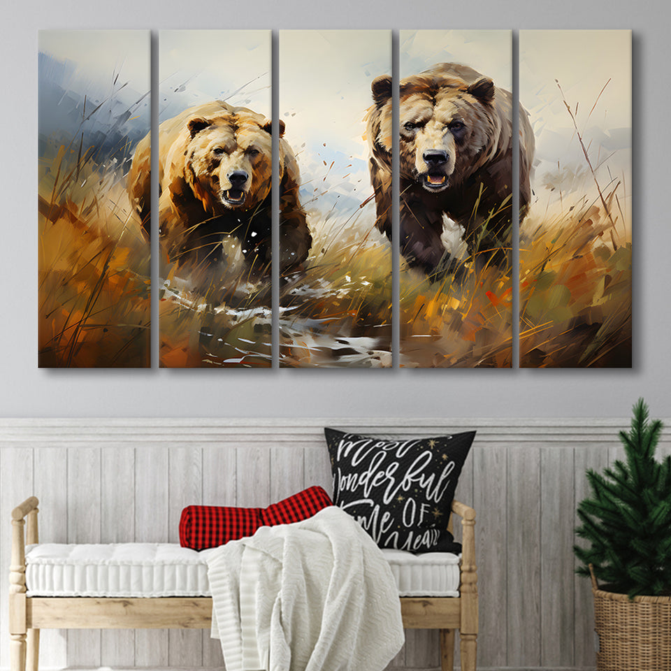 Couple Brown Bear Hunting 5 Panels B Canvas Prints Wall Art Home Decor, Extra Large Canvas