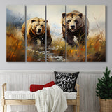 Couple Brown Bear Hunting 5 Panels B Canvas Prints Wall Art Home Decor, Extra Large Canvas
