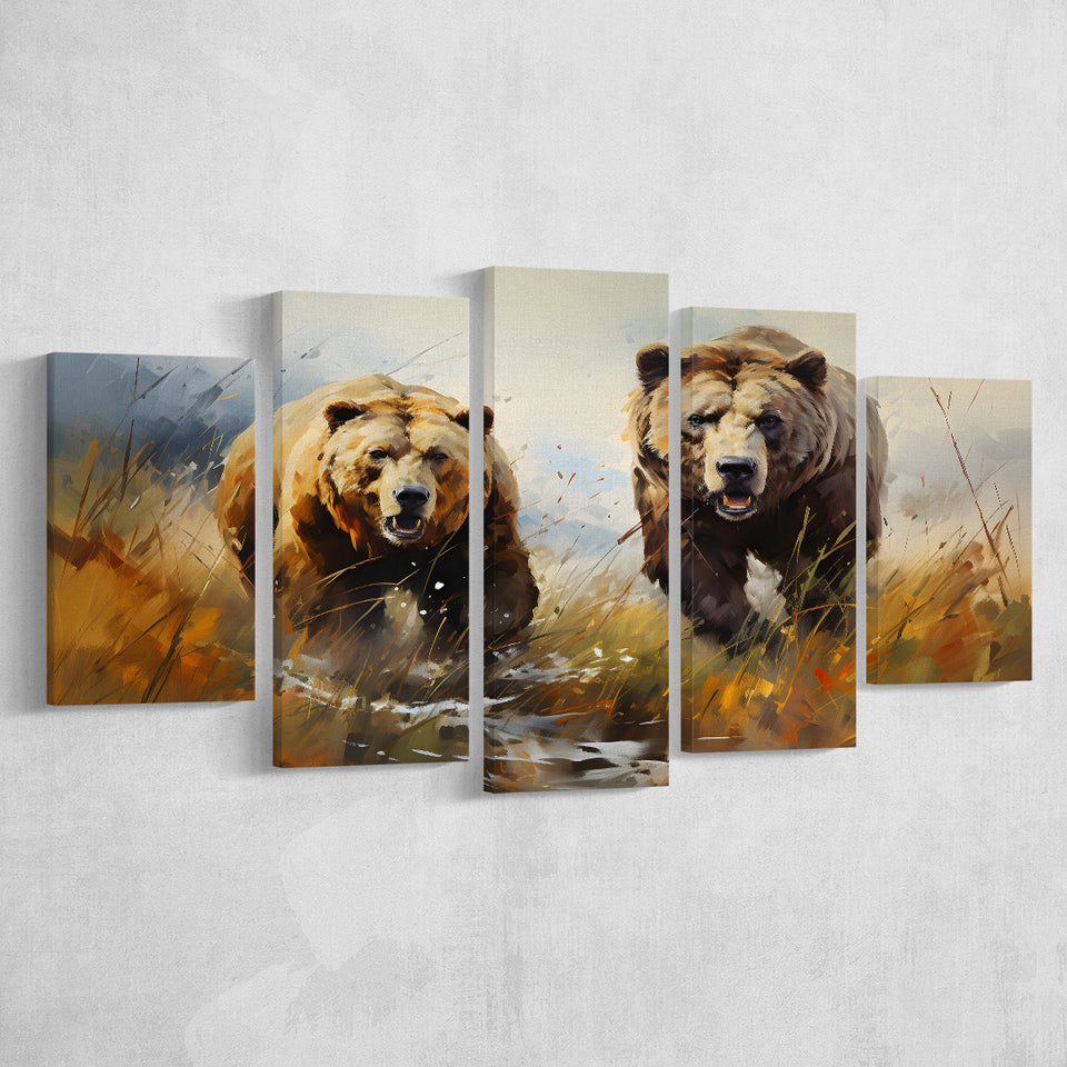 Couple Brown Bear Hunting 5 Panels Canvas Prints Wall Art Home Decor, Large Mixed Canvas