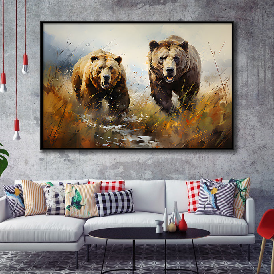 Couple Brown Bear Hunting Framed Canvas Prints Wall Art Home Decor, Painting Canvas, Floating Frame