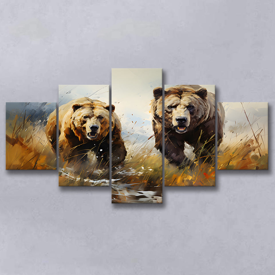 Couple Brown Bear Hunting 5 Panels Canvas Prints Wall Art Home Decor, Large Mixed Canvas