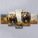 Couple Brown Bear Hunting 5 Panels Canvas Prints Wall Art Home Decor, Large Mixed Canvas