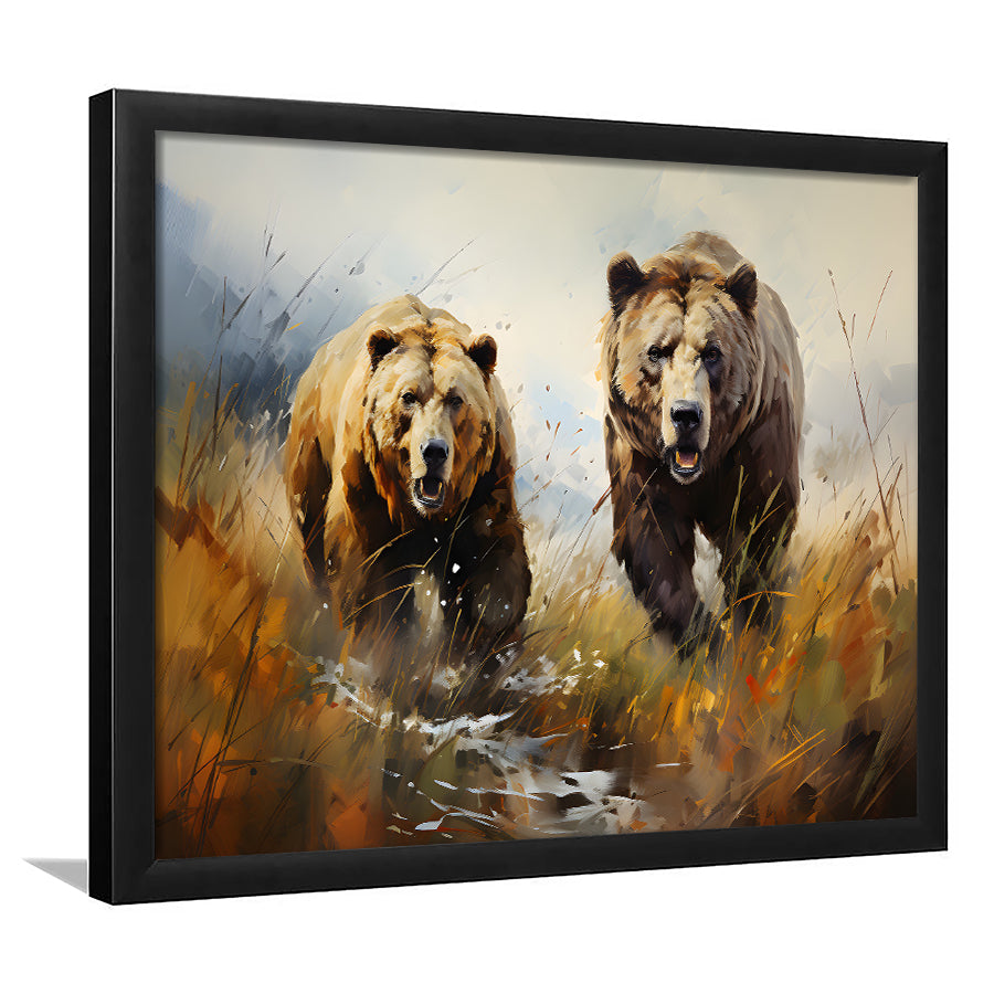 Couple Brown Bear Hunting Framed Art Prints Wall Decor, Painting Art, Framed Picture