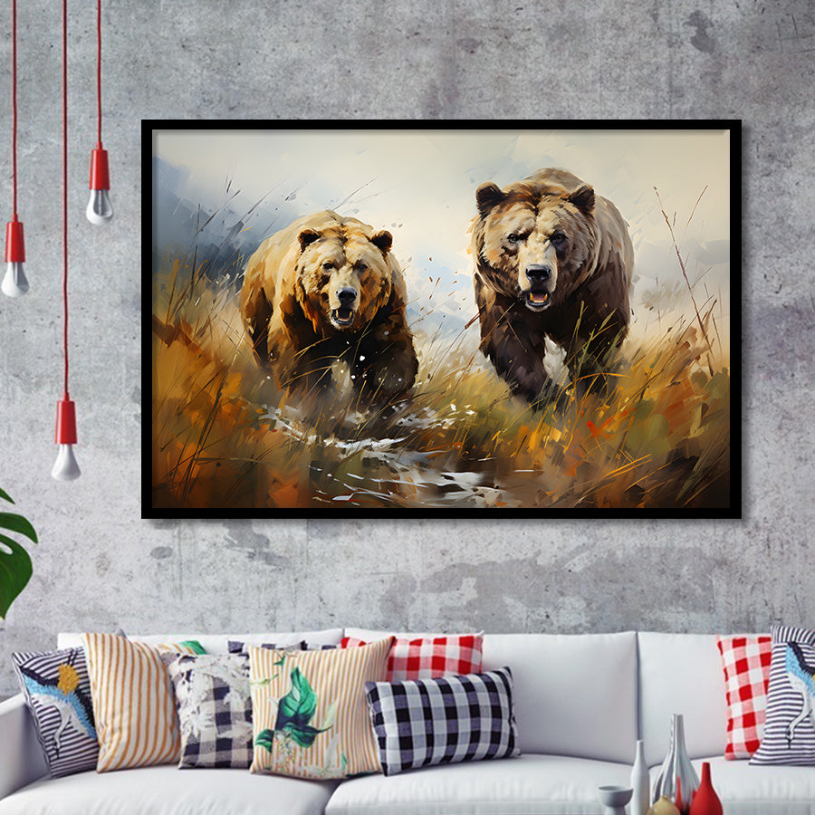 Couple Brown Bear Hunting Framed Art Prints Wall Decor, Painting Art, Framed Picture