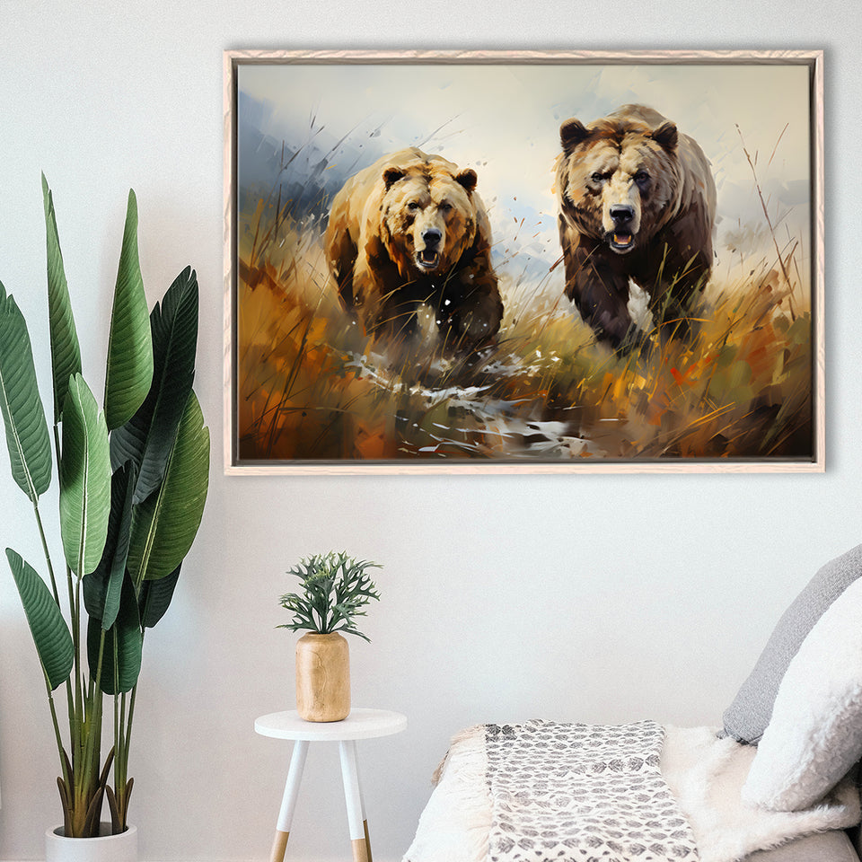 Couple Brown Bear Hunting Framed Canvas Prints Wall Art Home Decor, Painting Canvas, Floating Frame