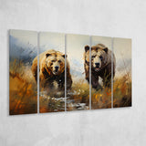 Couple Brown Bear Hunting 5 Panels B Canvas Prints Wall Art Home Decor, Extra Large Canvas