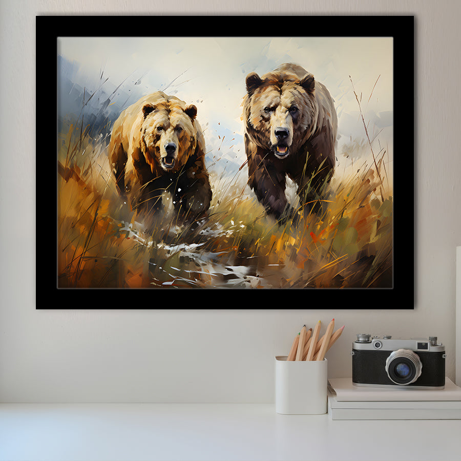 Couple Brown Bear Hunting Framed Art Prints Wall Decor, Painting Art, Framed Picture