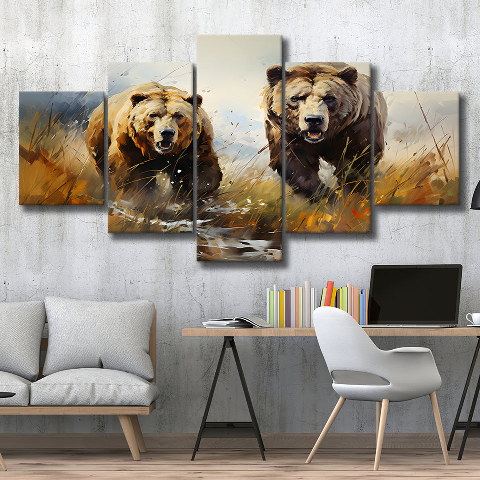 Couple Brown Bear Hunting 5 Panels Canvas Prints Wall Art Home Decor, Large Mixed Canvas