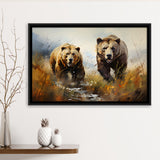 Couple Brown Bear Hunting Framed Canvas Prints Wall Art Home Decor, Painting Canvas, Floating Frame