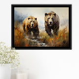 Couple Brown Bear Hunting Framed Canvas Prints Wall Art Home Decor, Painting Canvas, Floating Frame