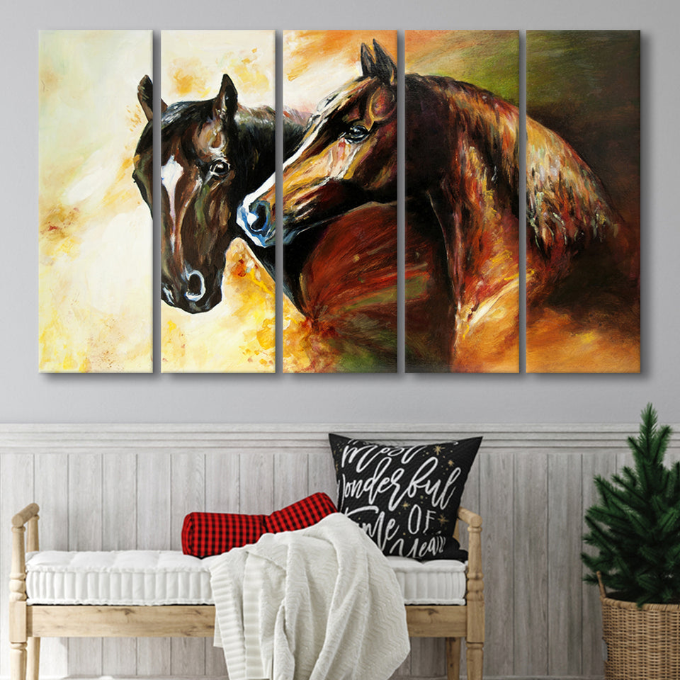 Couple Horses, Pair Horses Oil Painting Larger Canvas Art, 5 Piece Canvas Prints Wall Art Decor