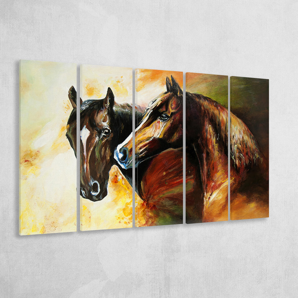 Couple Horses, Pair Horses Oil Painting Larger Canvas Art, 5 Piece Canvas Prints Wall Art Decor