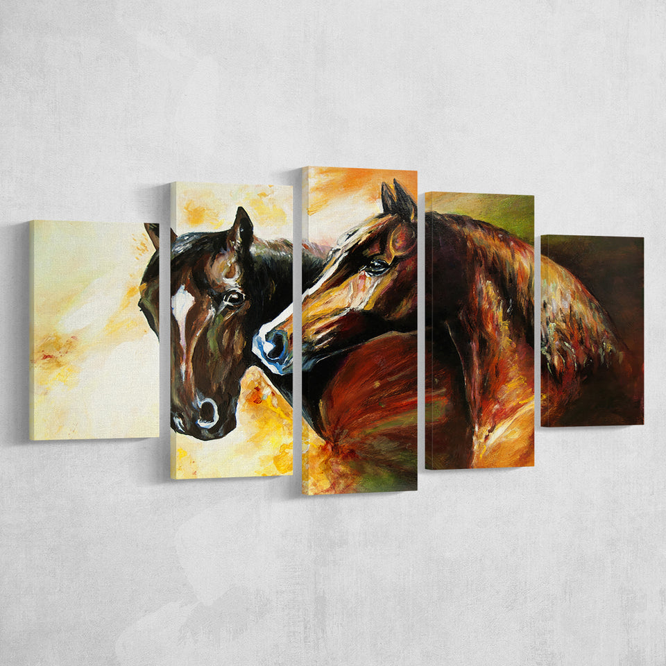 Couple Horses, Pair-Horses-Oil-Painting 5 Panels, Canvas Prints Wall Art Decor, Large Canvas Art