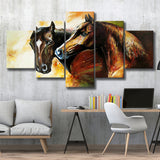 Couple Horses, Pair-Horses-Oil-Painting 5 Panels, Canvas Prints Wall Art Decor, Large Canvas Art