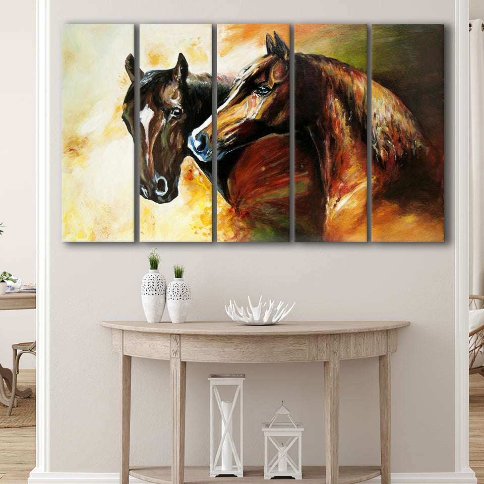 Couple Horses, Pair Horses Oil Painting Larger Canvas Art, 5 Piece Canvas Prints Wall Art Decor