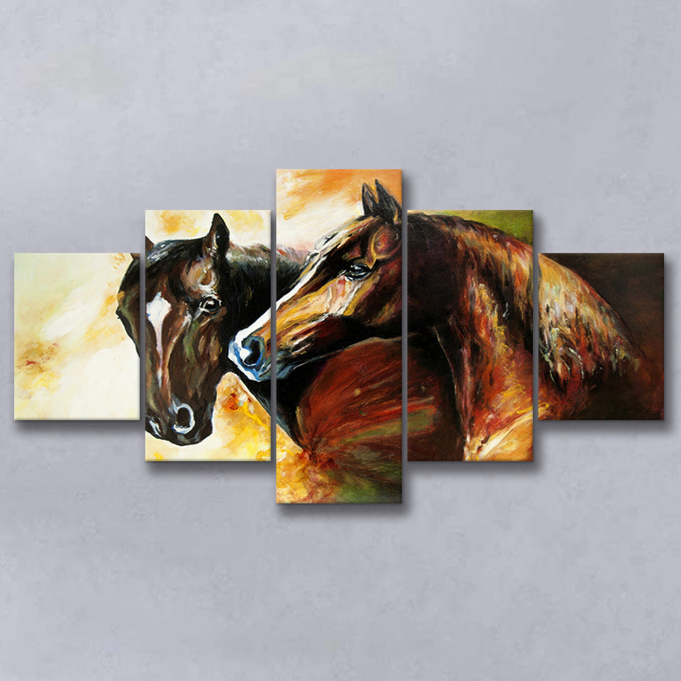 Couple Horses, Pair-Horses-Oil-Painting 5 Panels, Canvas Prints Wall Art Decor, Large Canvas Art