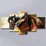 Couple Horses, Pair-Horses-Oil-Painting 5 Panels, Canvas Prints Wall Art Decor, Large Canvas Art