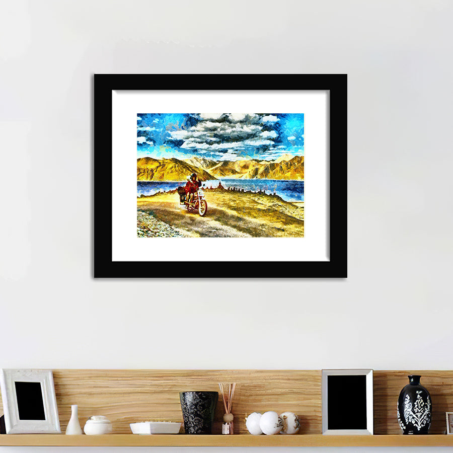 Couple Riding On Motorcycle Among Mountains And Lake Framed Wall Art - Framed Prints, Art Prints, Home Decor, Painting Prints