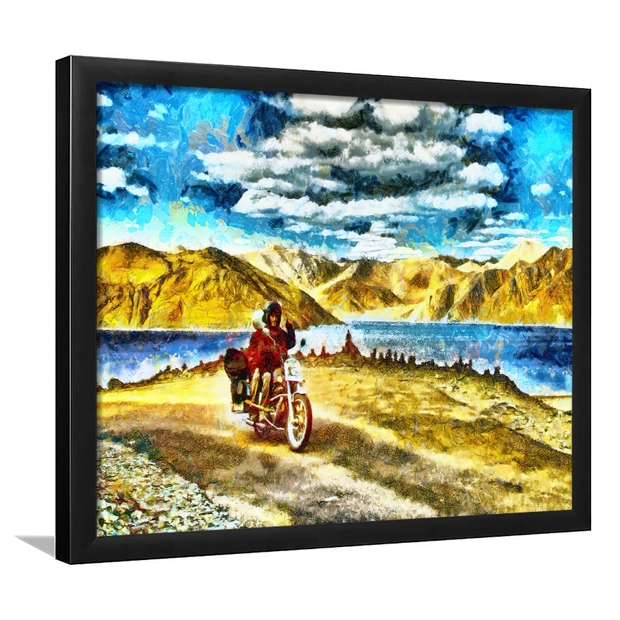 Couple Riding On Motorcycle Among Mountains And Lake Framed Wall Art - Framed Prints, Art Prints, Print for Sale, Painting Prints